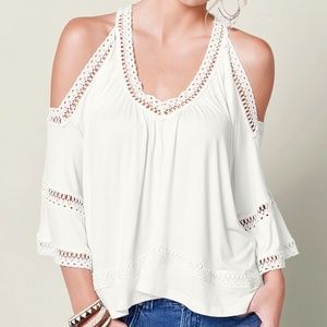Venus cold shoulder lace trim top.  White.  XS.   Originally $36